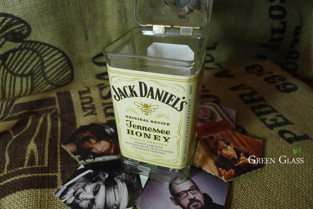 Polished top and bottom parts of the recycled Jack Daniels bottle chest