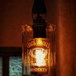 Handcrafted Jack Daniels whiskey bottle lamp with original label engraving by artist Lanchi