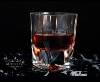 Recycled The Macallan Rare Cask whisky glass with custom engraving by artist Eli Moreno
