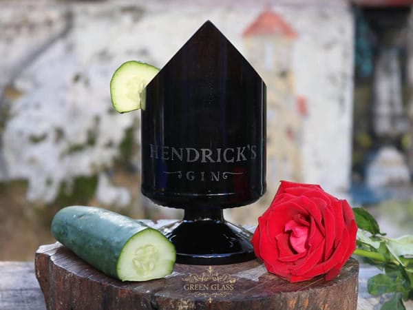 Handcrafted premium cocktail glass made from recycled Hendricks Gin bottle – sustainable and artistic glassware by Lanchi for Green Glass